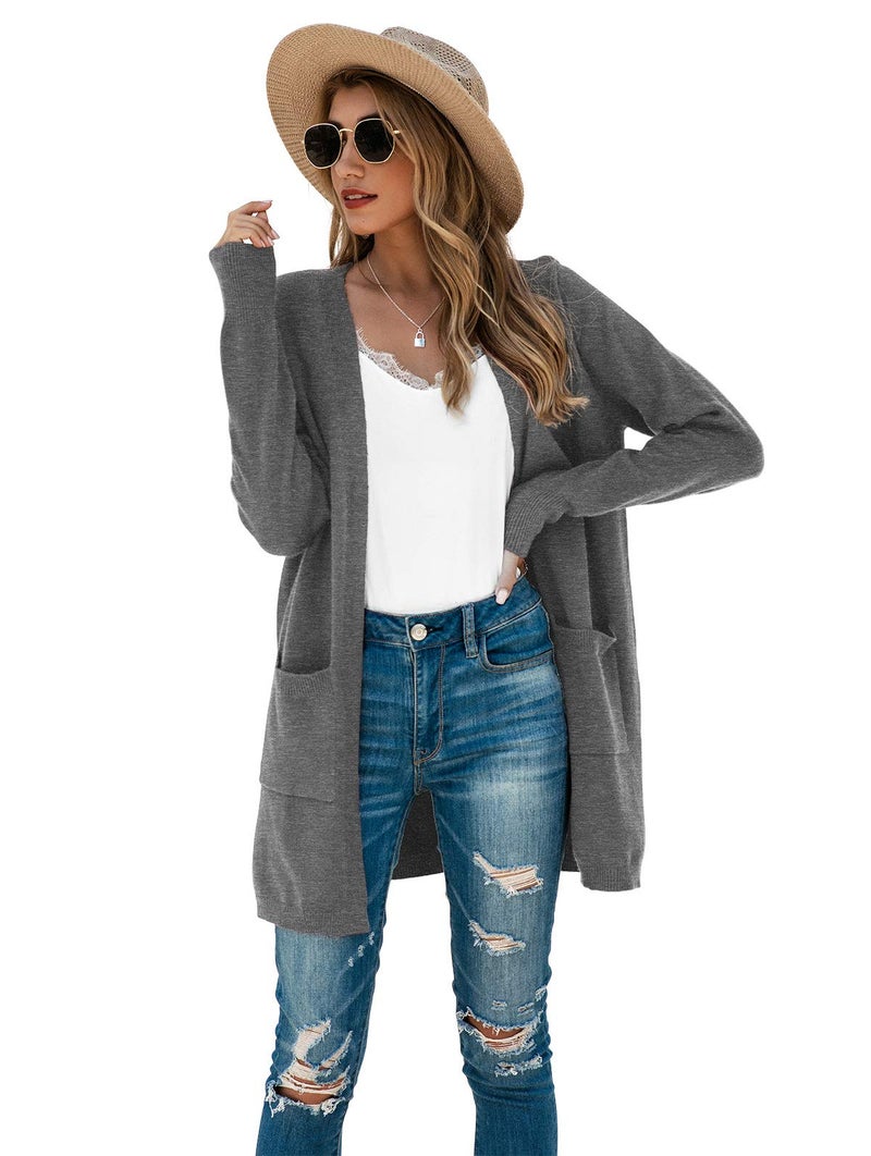 TASAMO Women's Loose Open Front Long Sleeve Solid Color Knit Cardigans Sweater Blouses with Packets (2X-Large,Gray) - Image 3